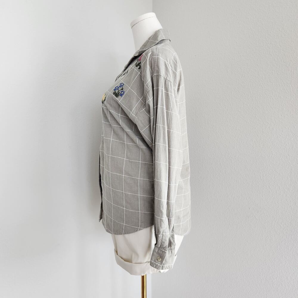 Vintage 90s Sage Green Plaid Floral Embroidered Button Up Shirt Willow Ridge L - Picture 4 of 7